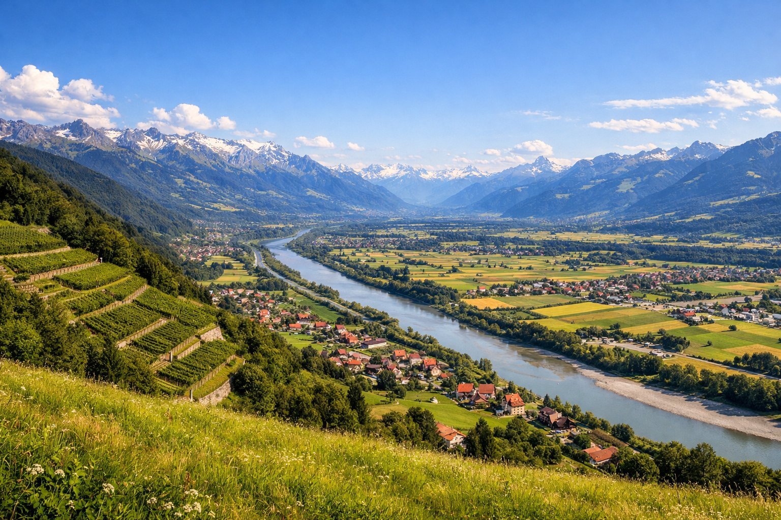 Rhine Valley panorama with Vaduz Castle on the hilltop