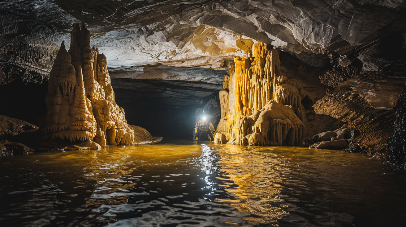 Voronya Cave - World's Deepest Cave, explorer with headlamp illuminating underground river