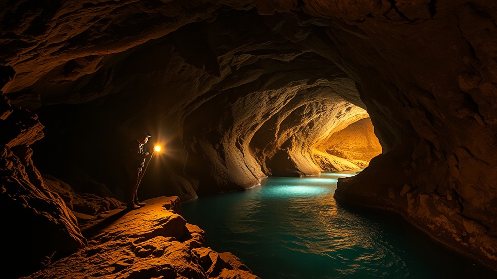 Voronya Cave - World's Deepest Cave, explorer with headlamp illuminating underground river