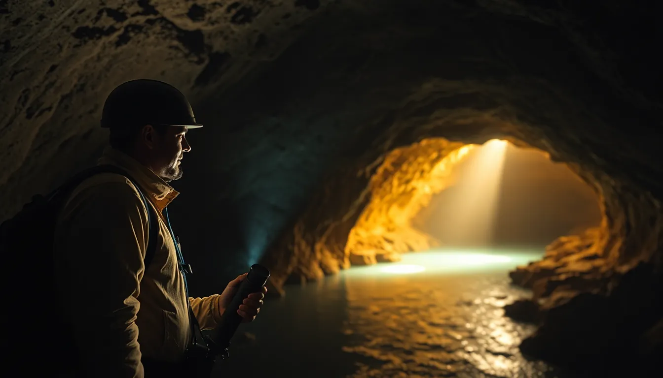 Voronya Cave - World's Deepest Cave, explorer with headlamp illuminating underground river