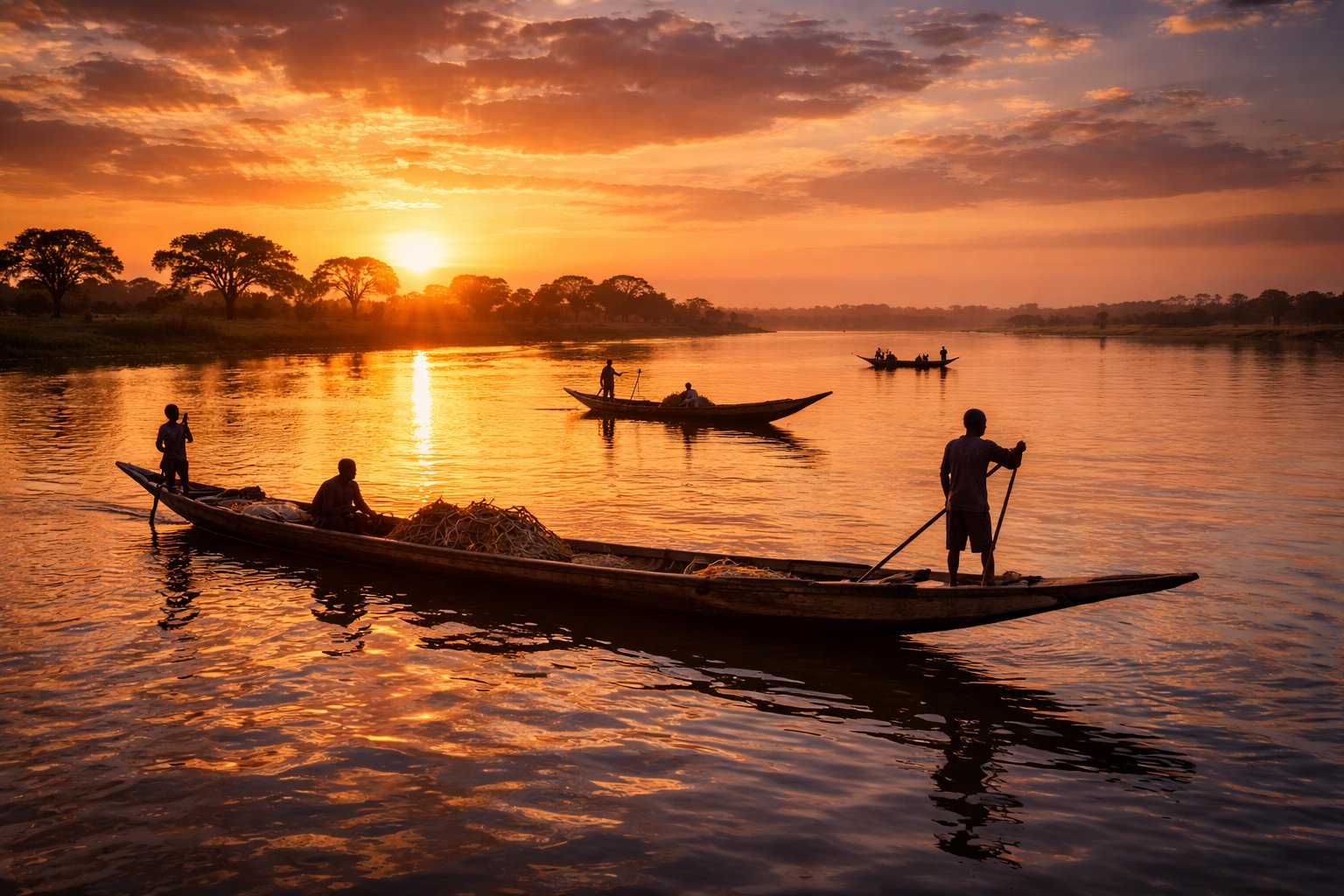 Niger River at sunset with traditional pirogues