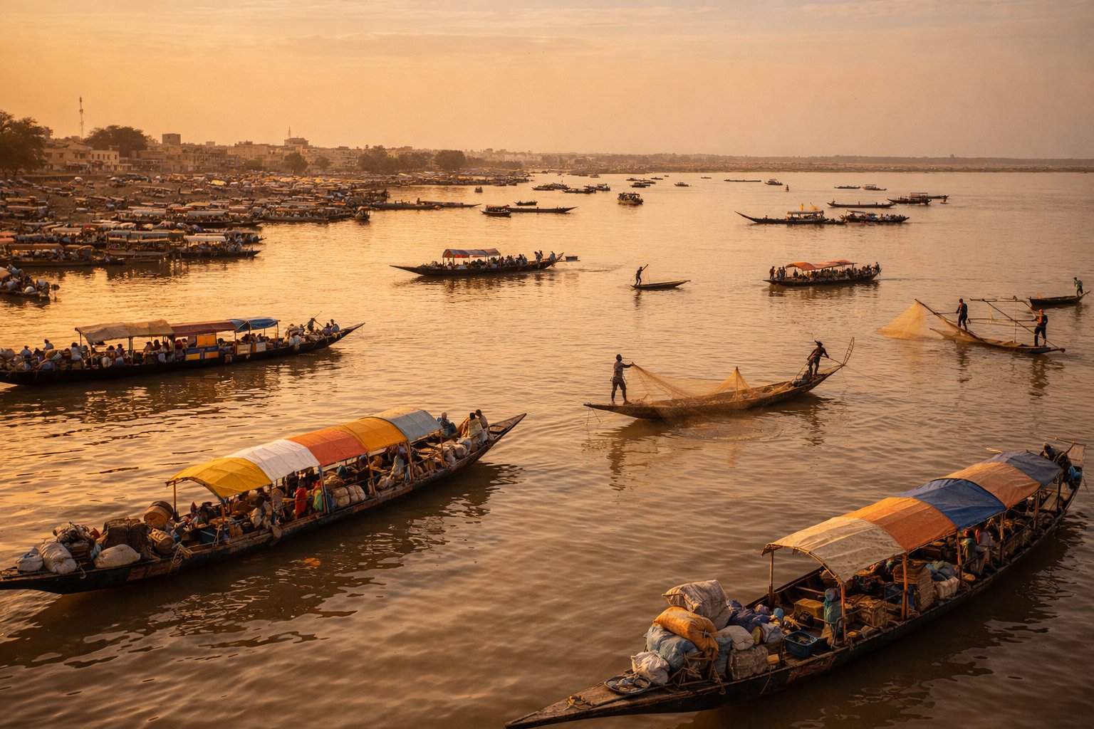 Niger River at Mopti with traditional pinasse boats