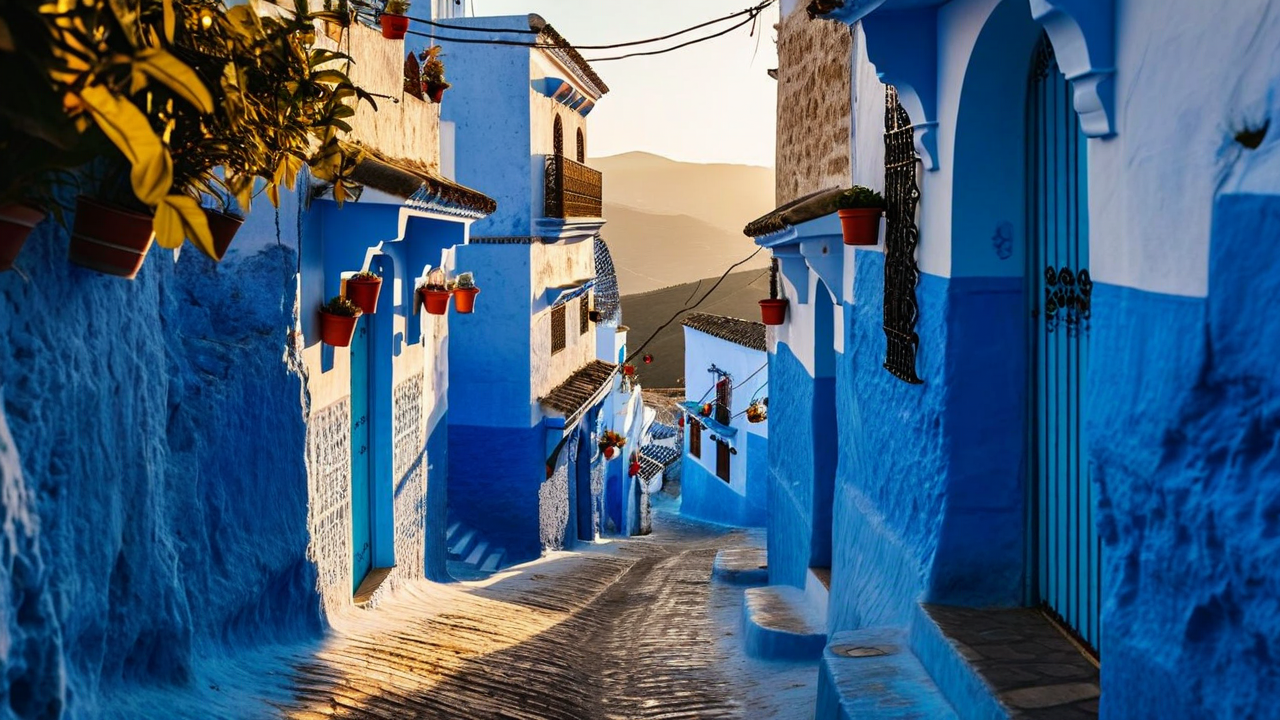 A blue-washed alley in Chefchaouen at golden hour, potted plants and mountains in the distance