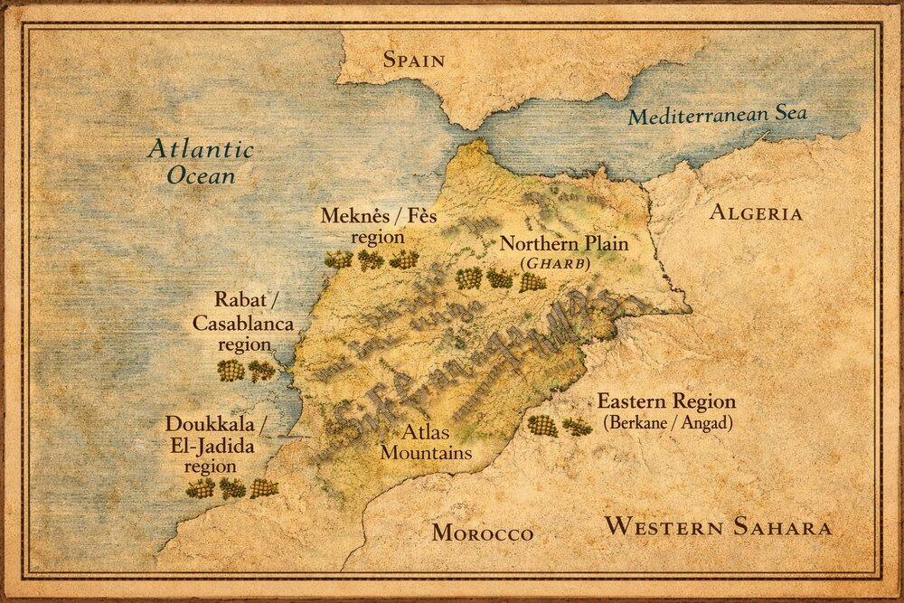 Map of Morocco's wine-growing regions around Meknes and the Atlas foothills