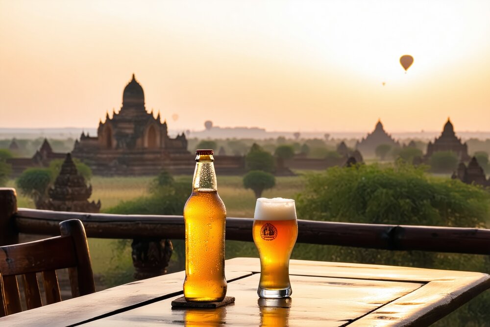 Myanmar Beer at sunset over Bagan temples