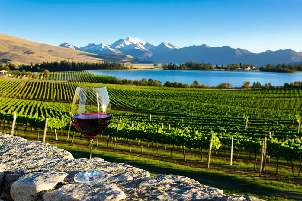 Pinot Noir vineyard descending to a lake with Southern Alps in Central Otago