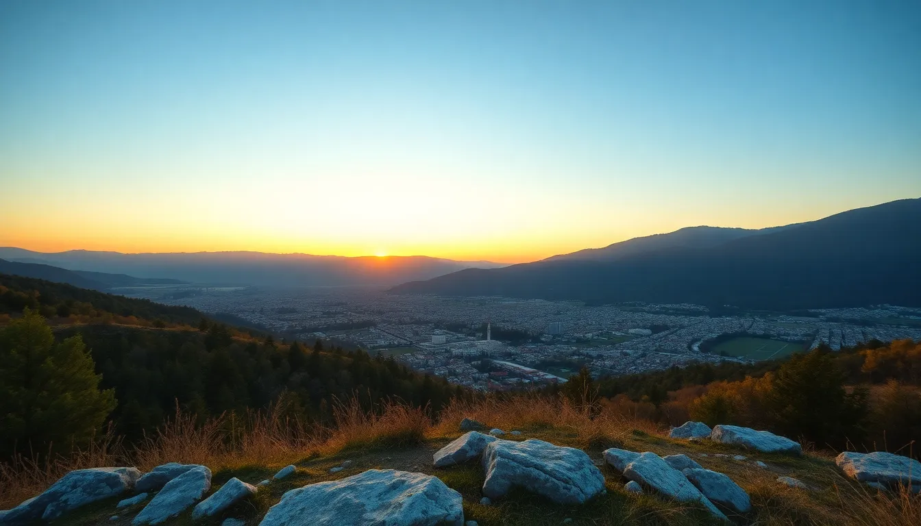 New Athos Monastery overlooking lake with Europe mountains