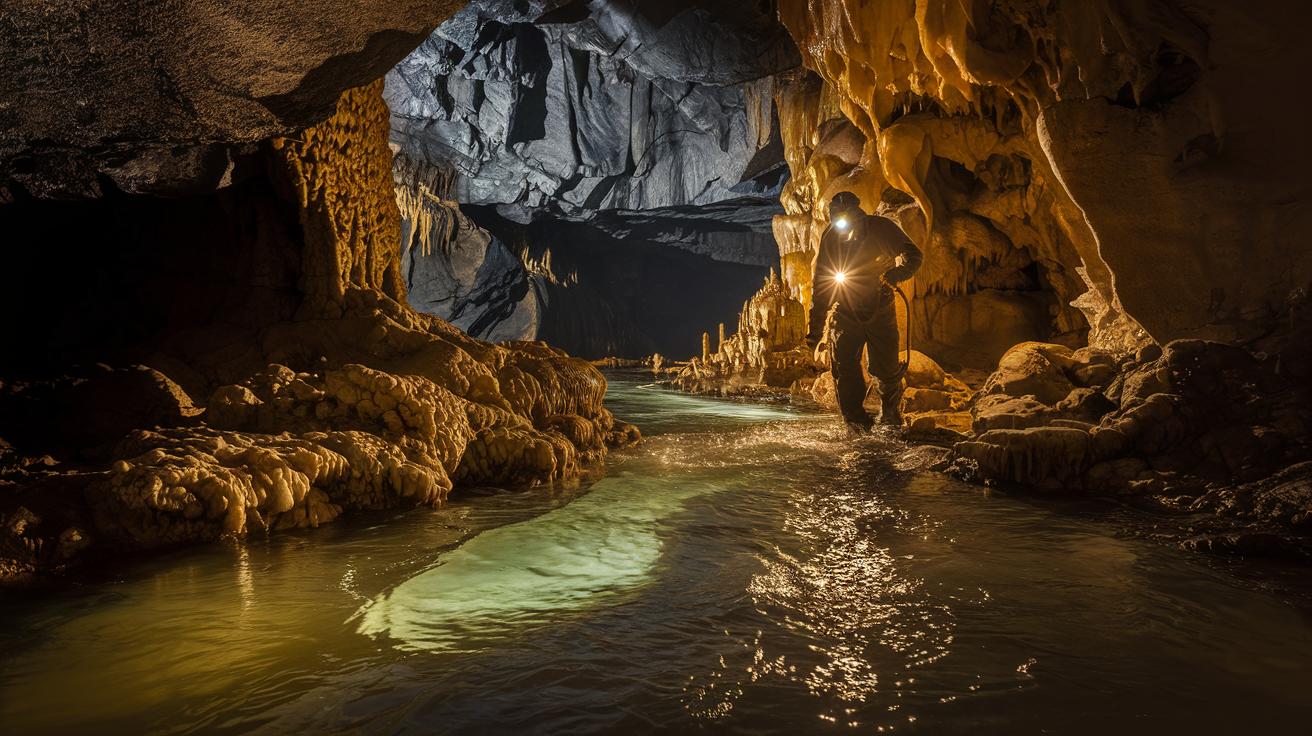 Voronya Cave - World's Deepest Cave, explorer with headlamp illuminating underground river