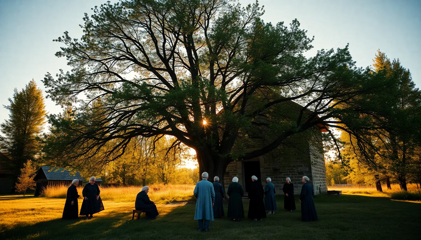 Lykhny Village - ancient church with elders gathering under sacred linden tree