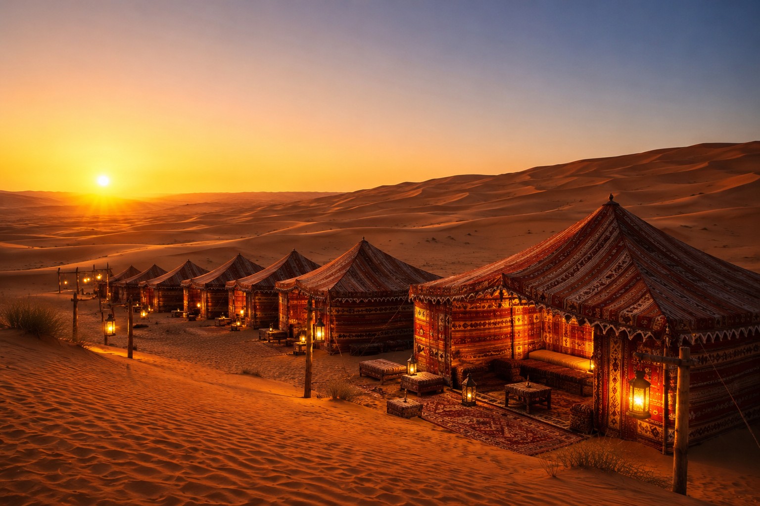Bedouin-style desert camp at sunset, Wahiba Sands, Oman