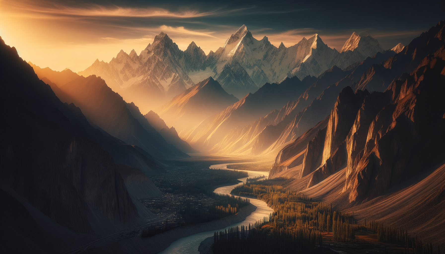 Serrated Karakoram peaks above a braided river valley with golden poplars at sunset