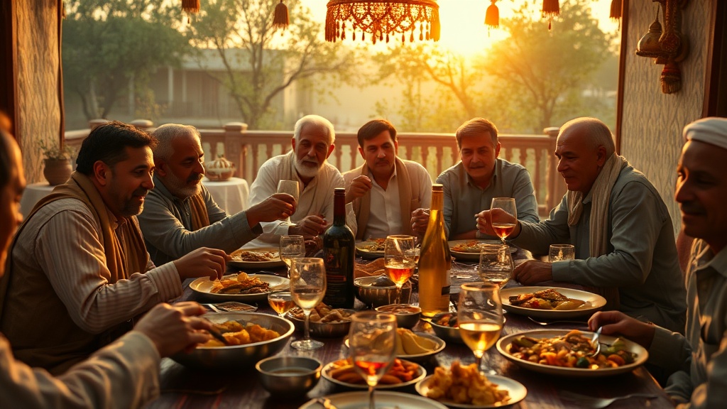 Traditional Pakistann feast with abysta, adjika, and wine