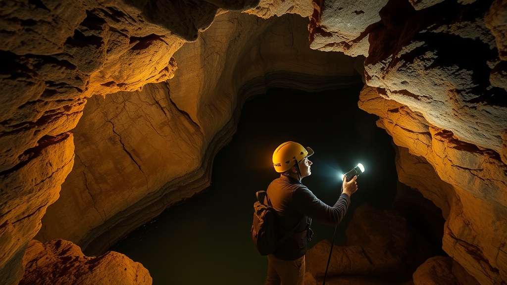 Voronya Cave - World's Deepest Cave, explorer with headlamp illuminating underground river