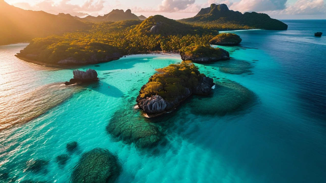 Aerial view of forested limestone islets with undercut bases in a turquoise lagoon