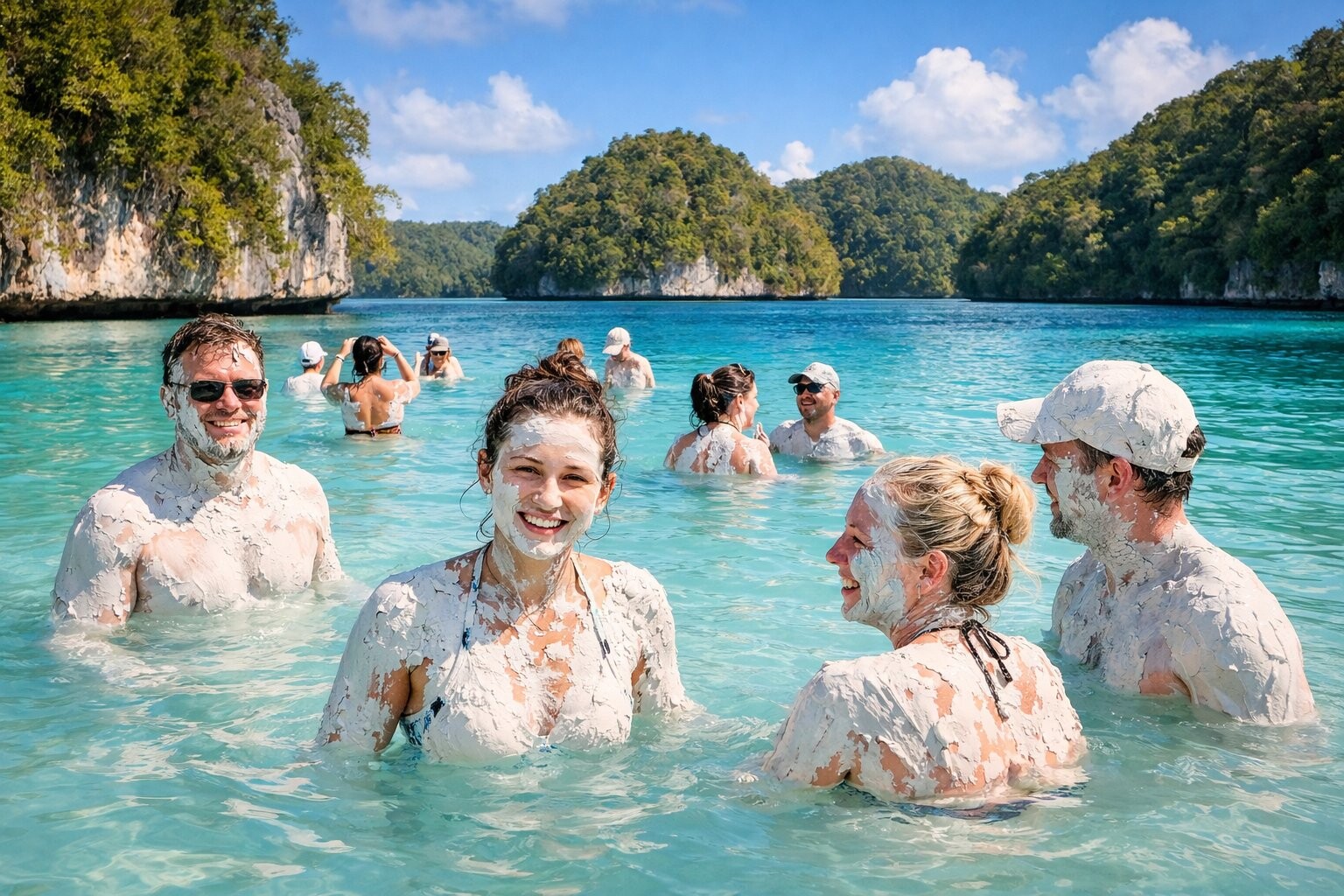 Tourists enjoying Milky Way Lagoon natural spa Palau