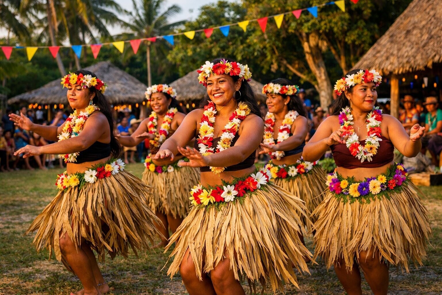 Traditional Palauan dancers in grass skirts and flower leis