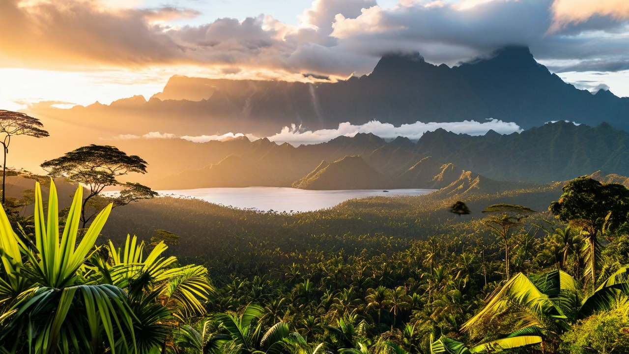 New Athos Monastery overlooking lake with Oceania mountains