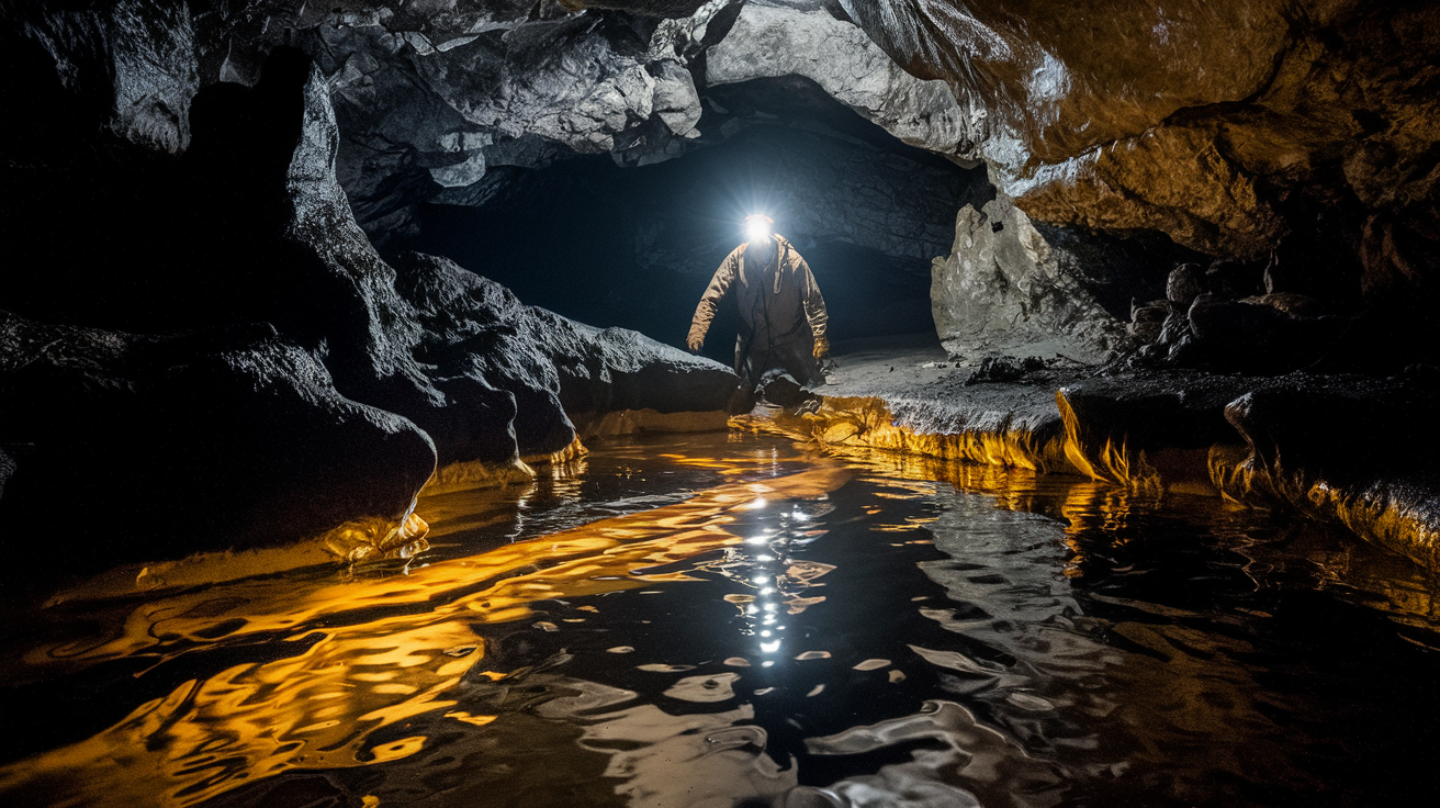Voronya Cave - World's Deepest Cave, explorer with headlamp illuminating underground river