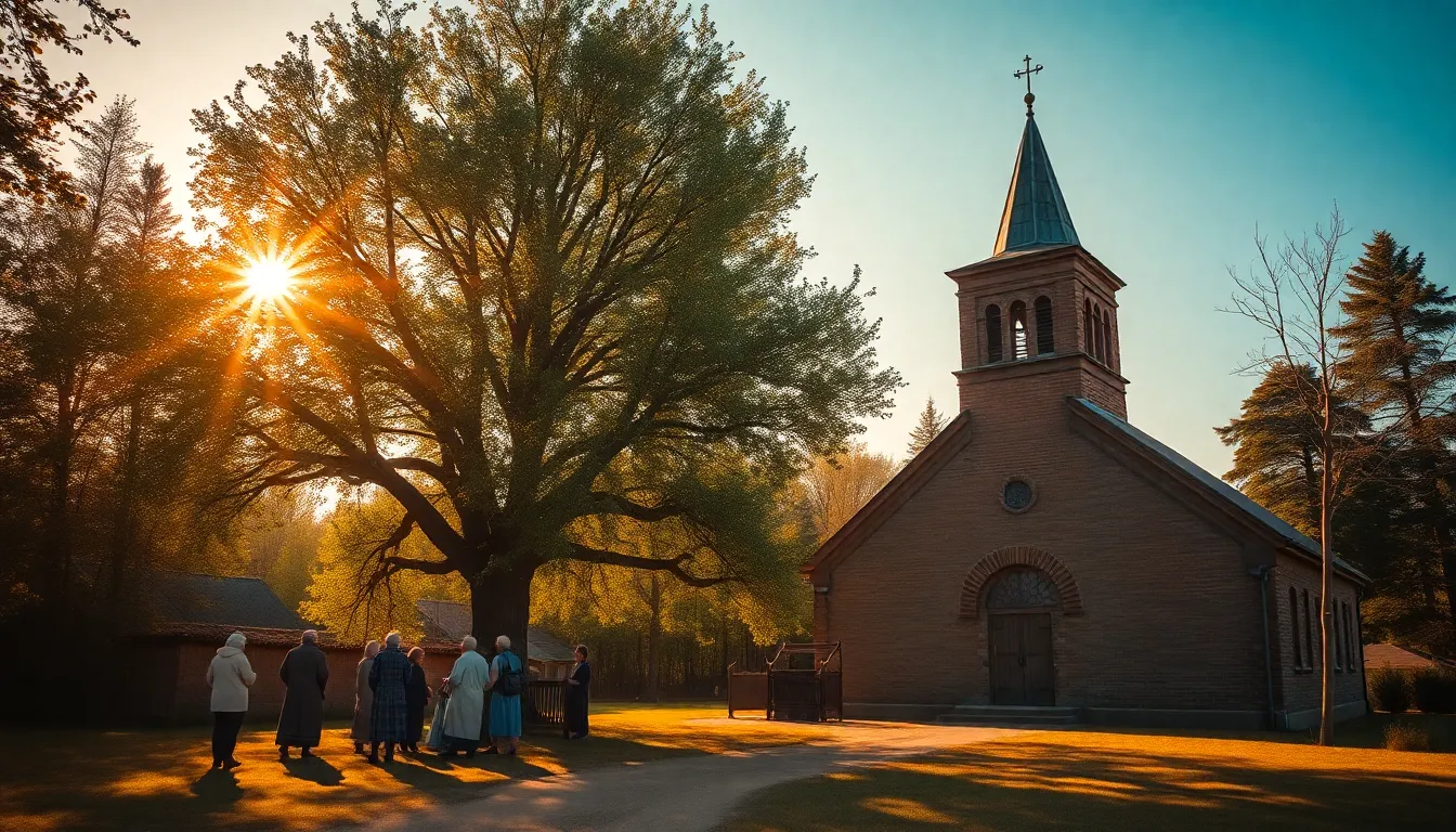 Lykhny Village - ancient church with elders gathering under sacred linden tree