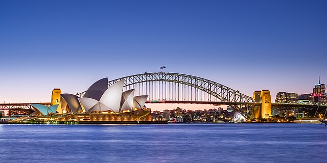 Sydney Opera House and Harbour Bridge at dusk