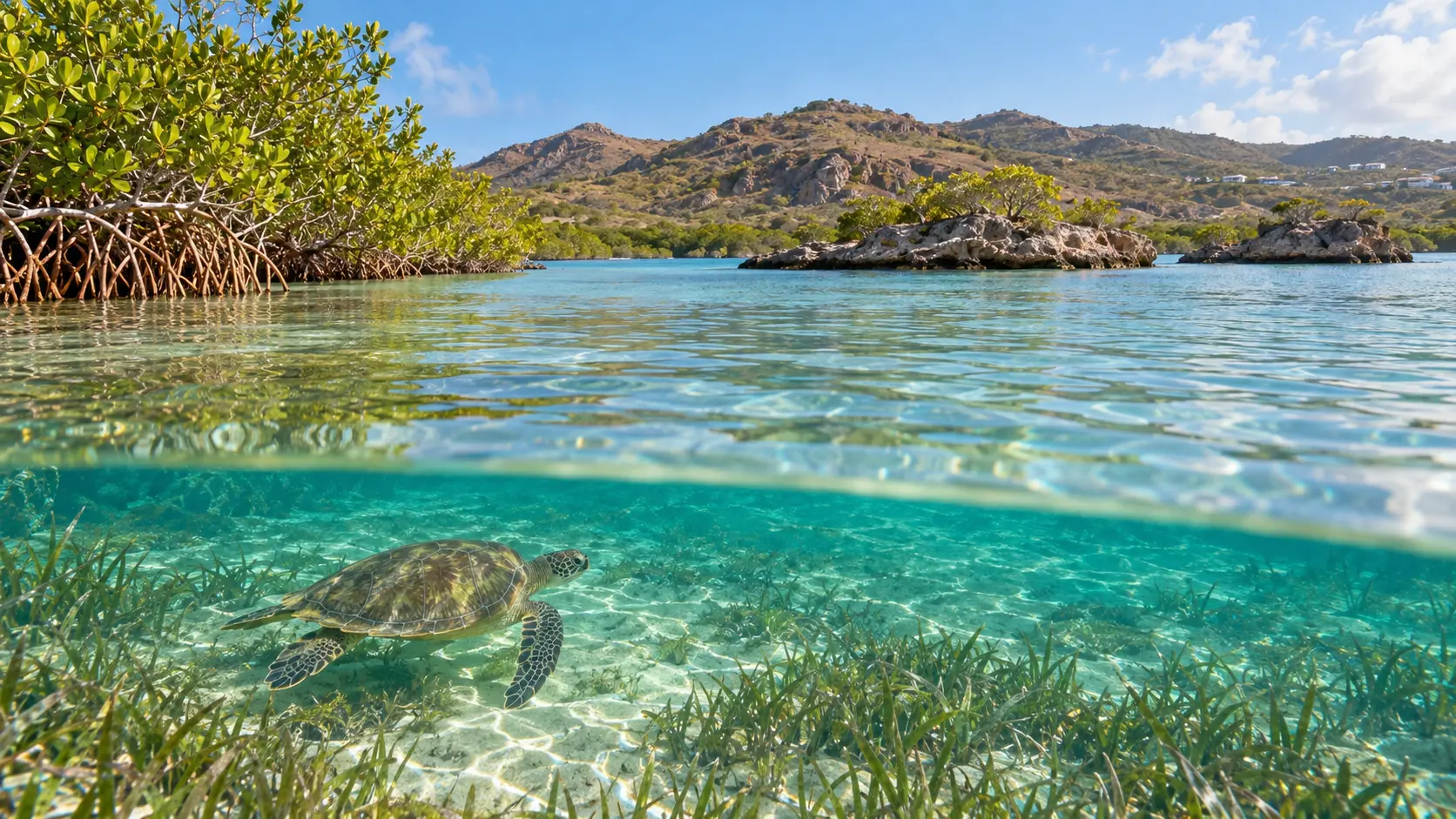 Grand Cul-de-Sac lagoon, mangroves and sea turtle