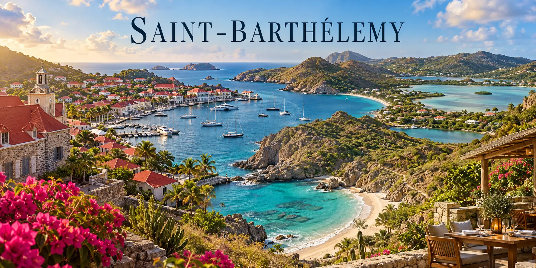 Saint-Barthélemy country collage: Gustavia, beaches, hills and lagoon