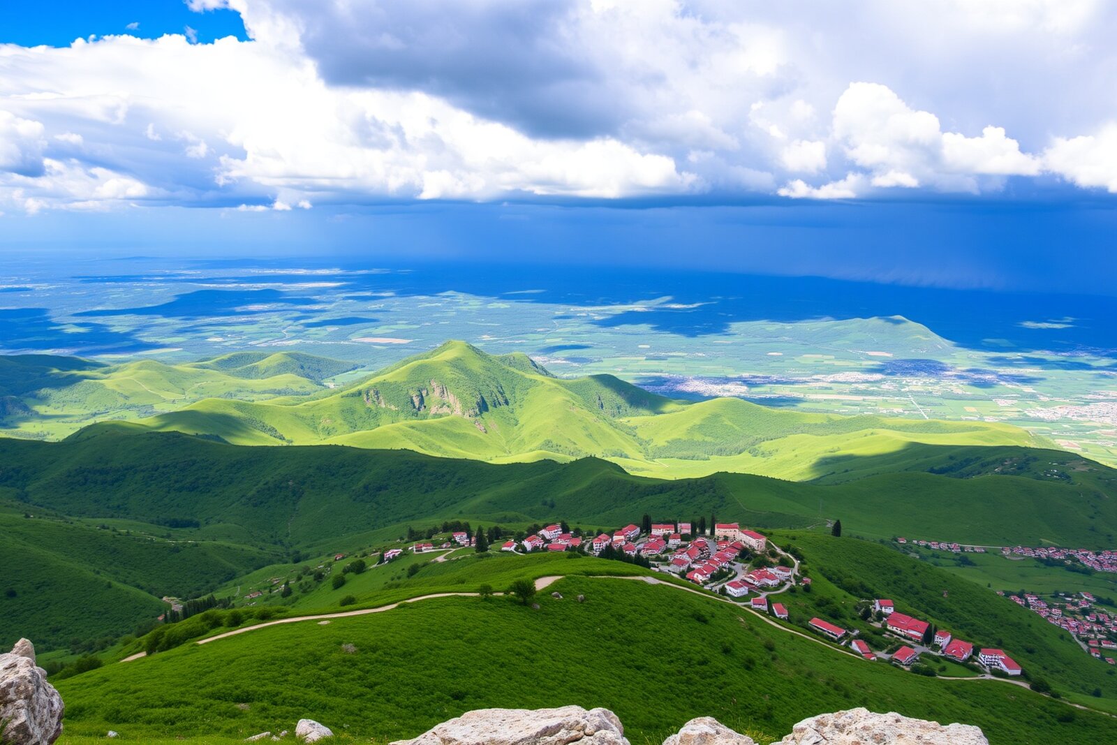 Panoramic view of San Marino countryside and Mount Titano