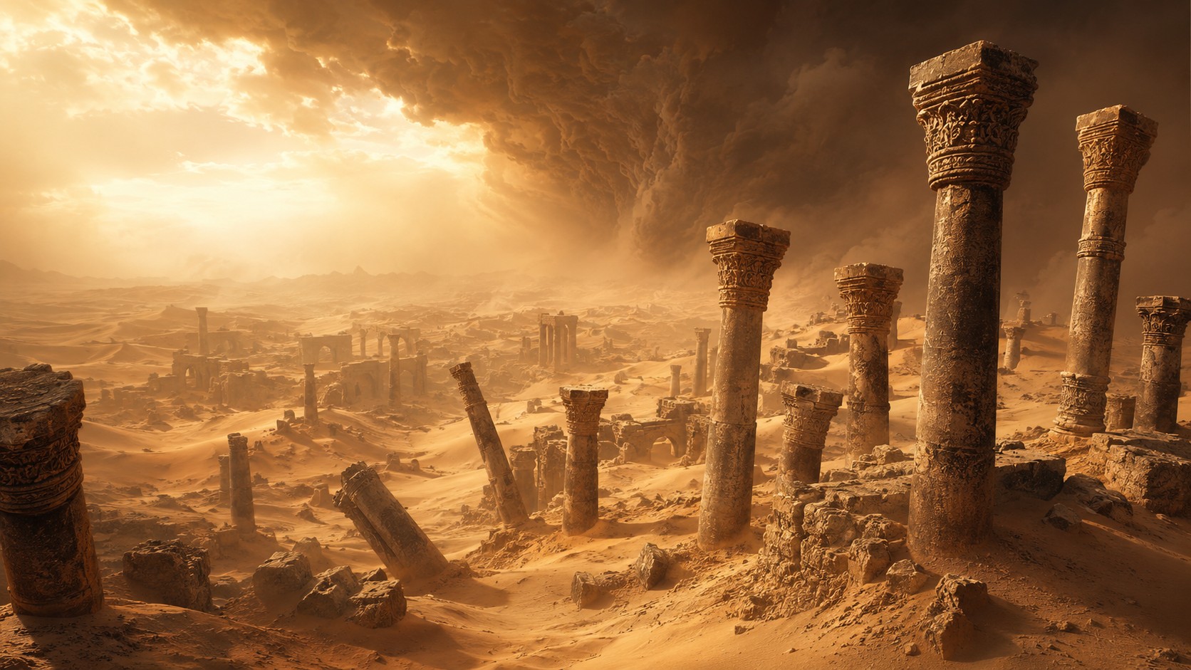 Artistic depiction of Iram of the Pillars, an ancient lost city with towering columns buried in desert sand