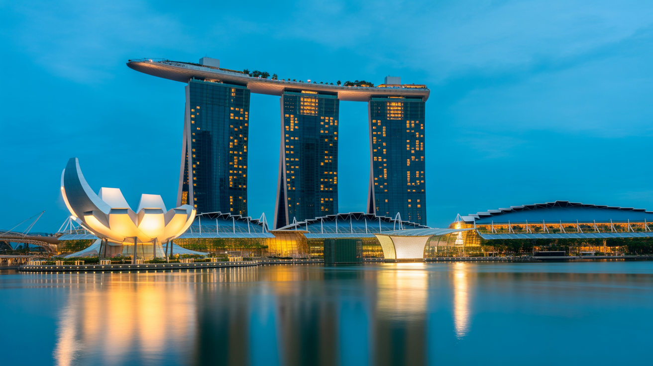 Marina Bay Sands at blue hour with infinity pool