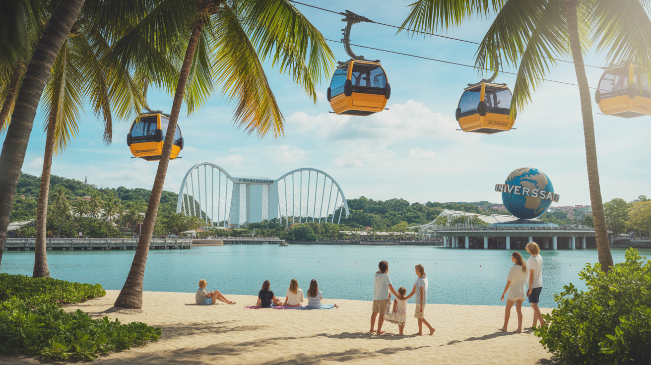 Sentosa Siloso Beach palm trees cable cars
