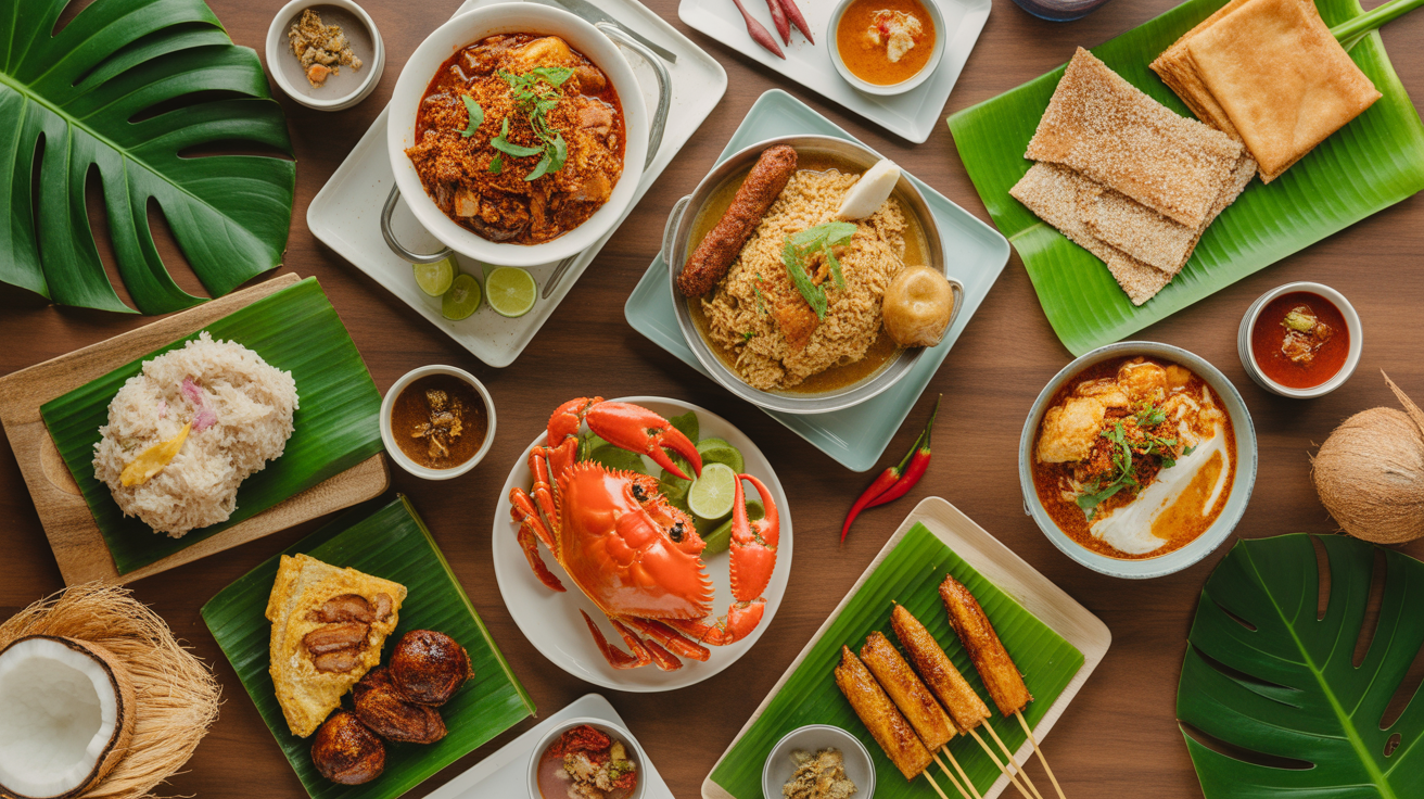 Singapore food spread chilli crab laksa chicken rice