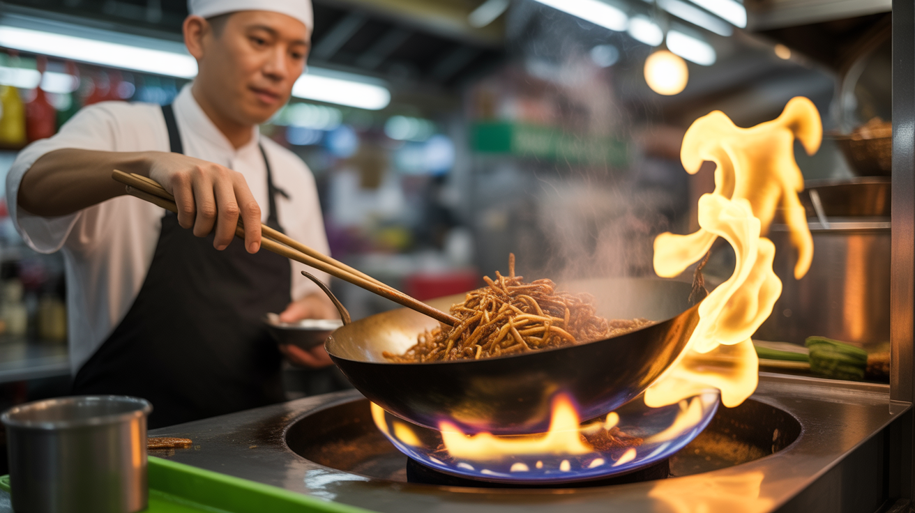 Hawker chef cooking char kway teow with wok fire