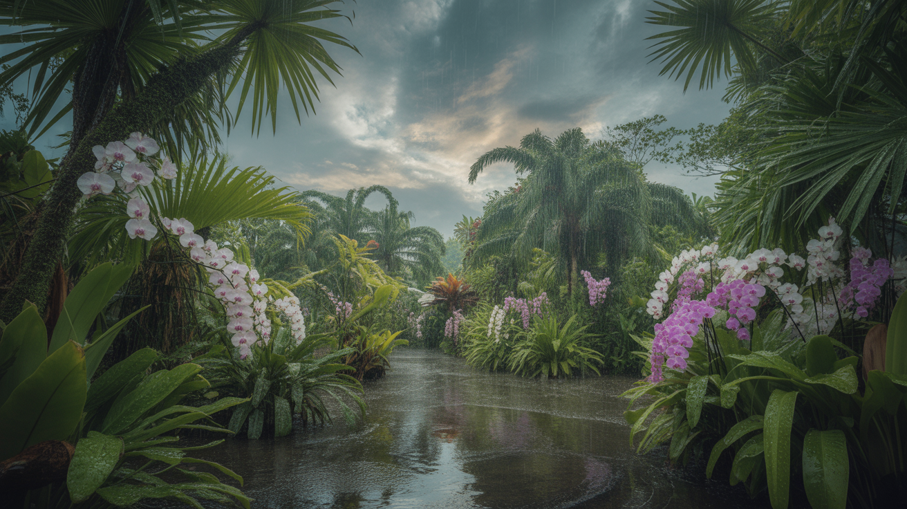 Tropical monsoon rain in Singapore orchids