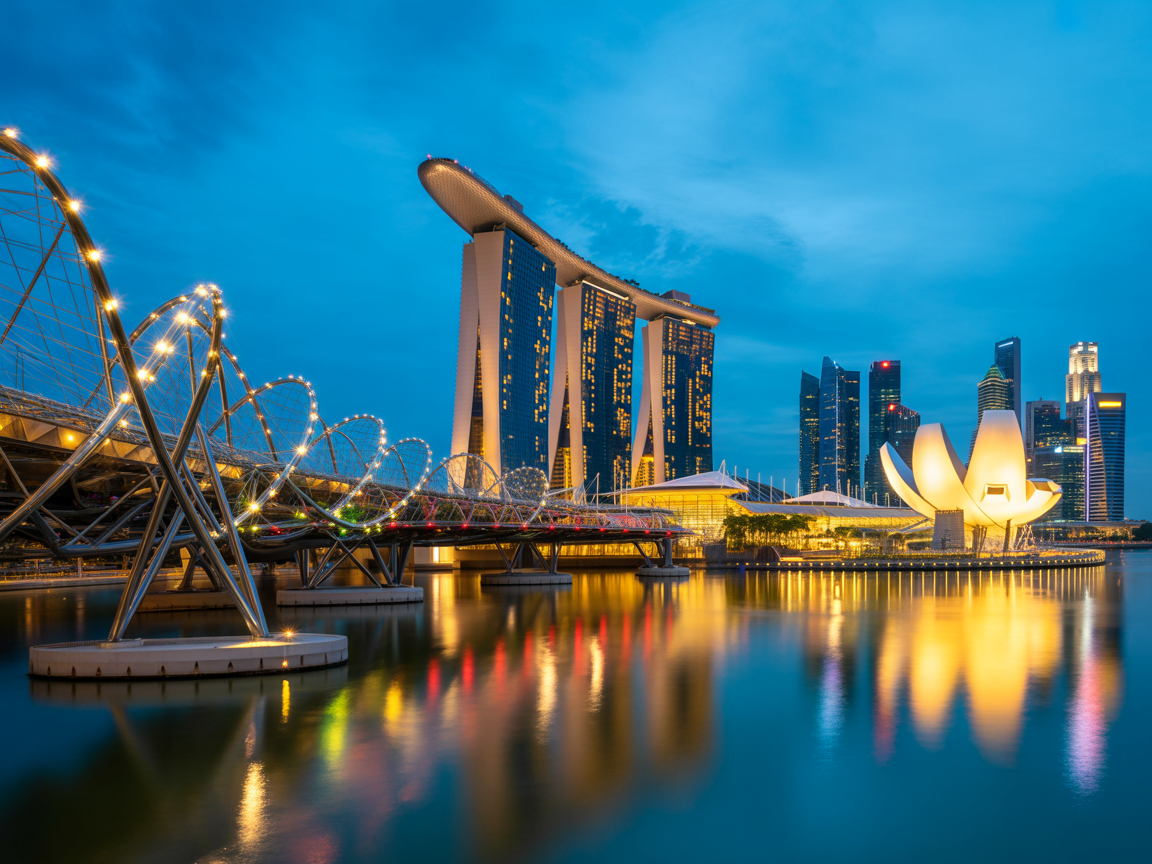 Marina Bay at Night with Marina Bay Sands and Helix Bridge