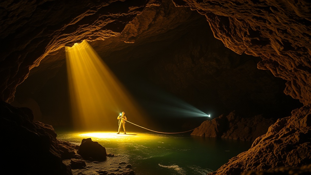 Voronya Cave - World's Deepest Cave, explorer with headlamp illuminating underground river