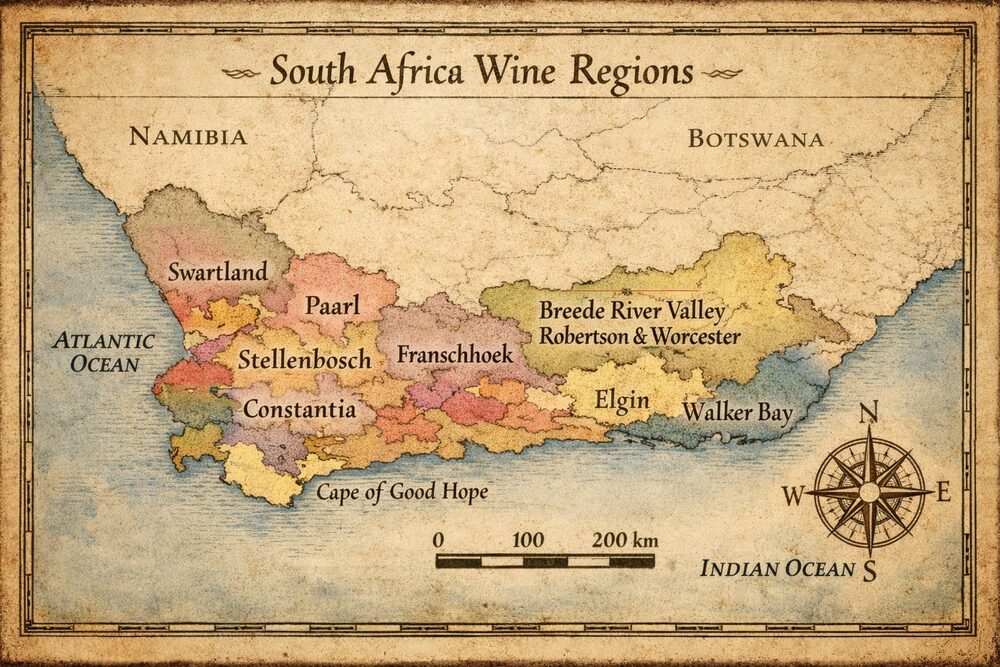 An antique-styled map of South Africa's wine regions, with Swartland, Paarl, Stellenbosch, Franschhoek, Constantia, Elgin, Walker Bay and the Breede River Valley marked in coloured blocks along the coast