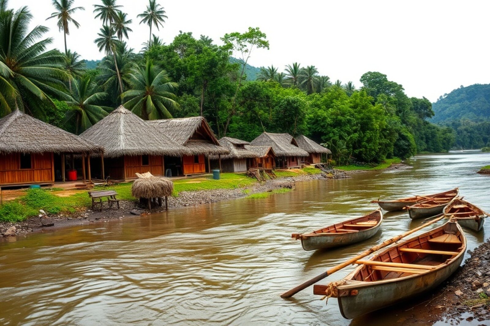 Traditional Maroon village on a river in Suriname interior jungle