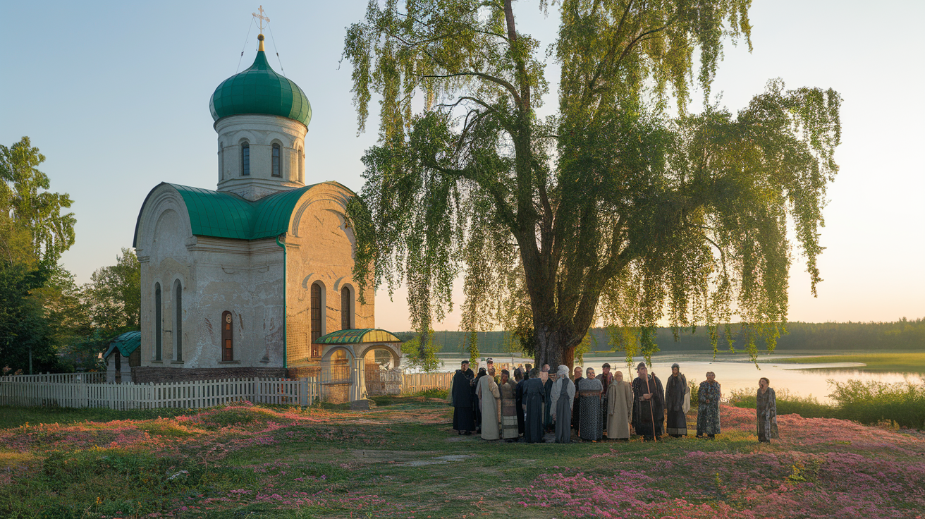 Lykhny Village - ancient church with elders gathering under sacred linden tree