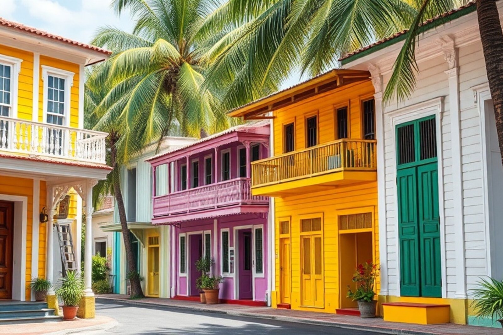Colorful colonial wooden buildings in Paramaribo historic center