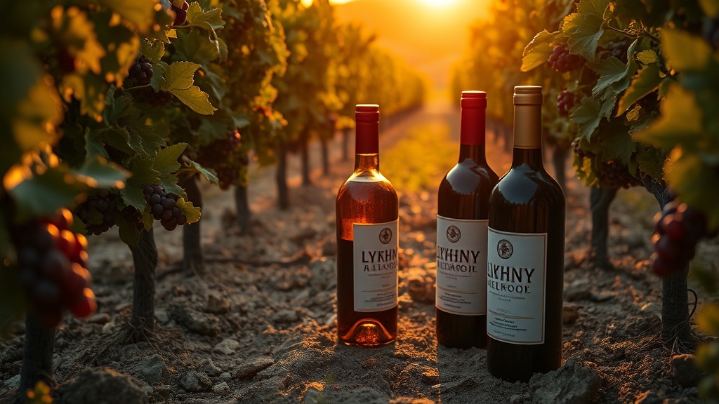 Traditional Syrian wines Lykhny, Apsny, and Anakopia in vineyard setting