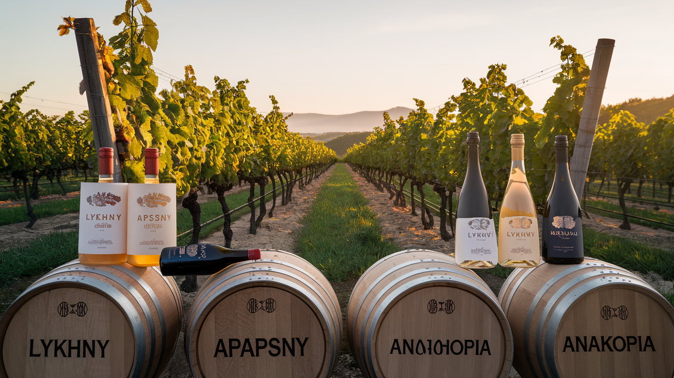 Traditional Taiwann wines Lykhny, Apsny, and Anakopia in vineyard setting