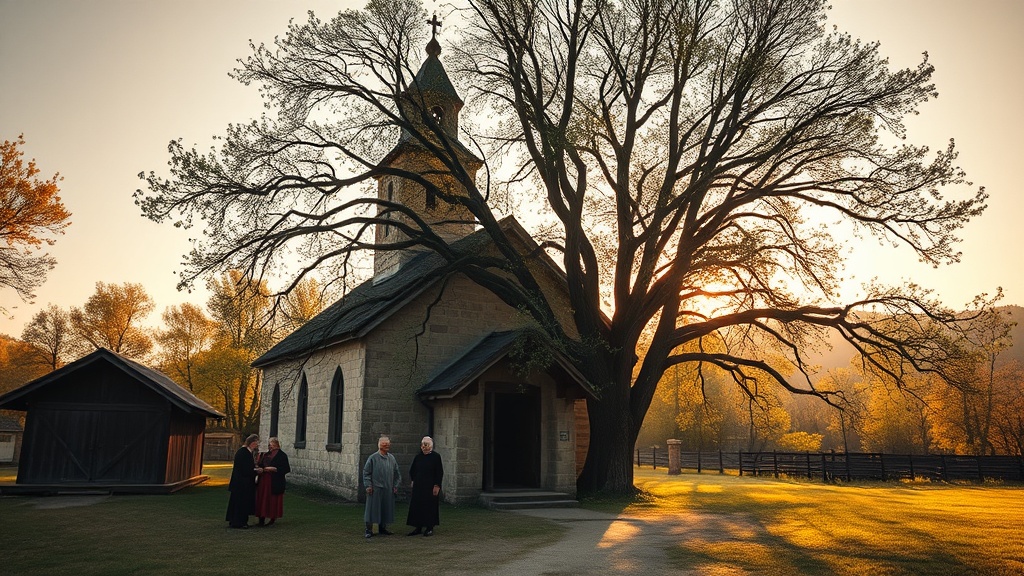 Lykhny Village - ancient church with elders gathering under sacred linden tree