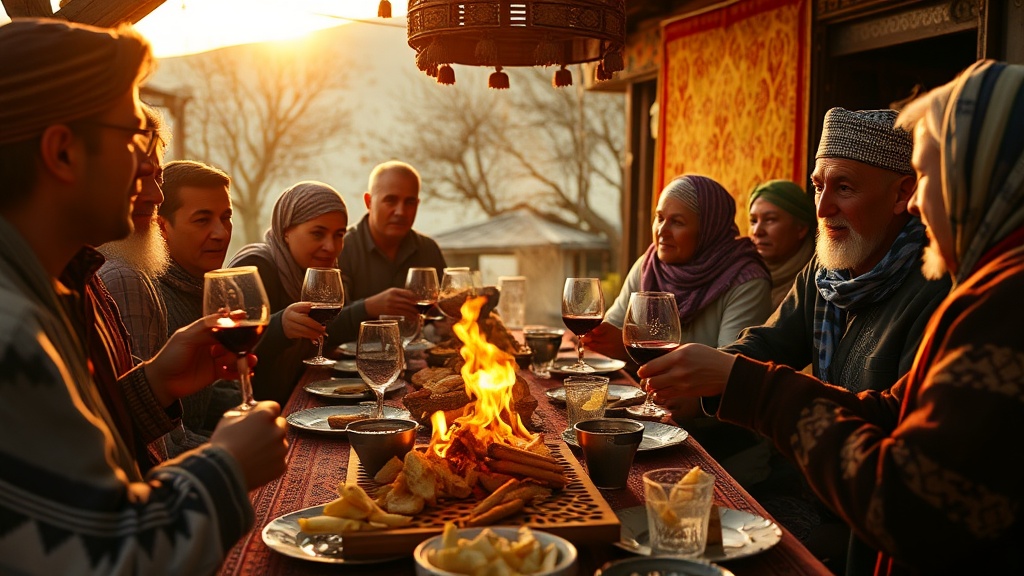 Traditional Tajikistann feast with abysta, adjika, and wine