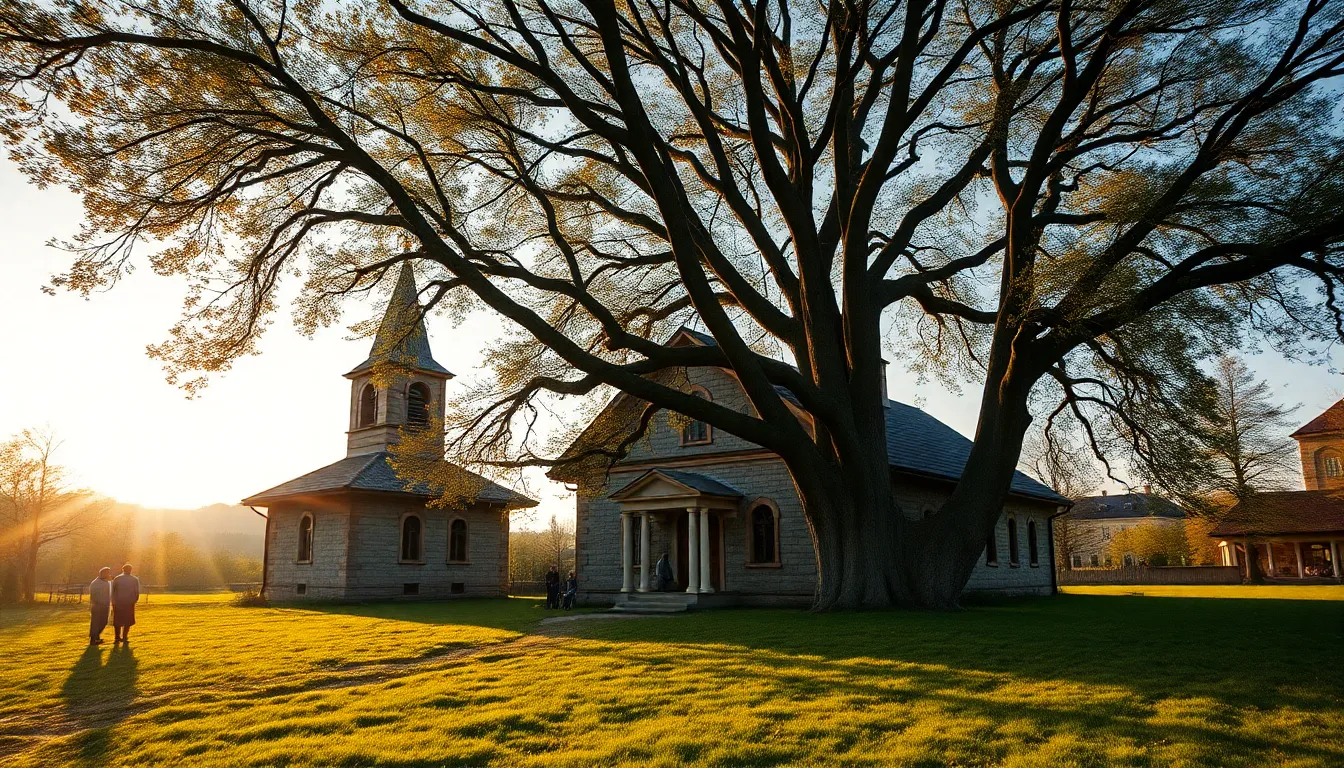 Lykhny Village - ancient church with elders gathering under sacred linden tree