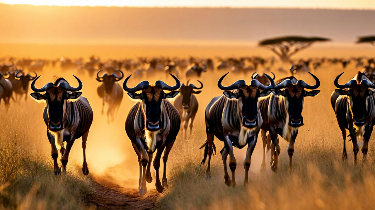 Serengeti plains with acacia trees and wildlife