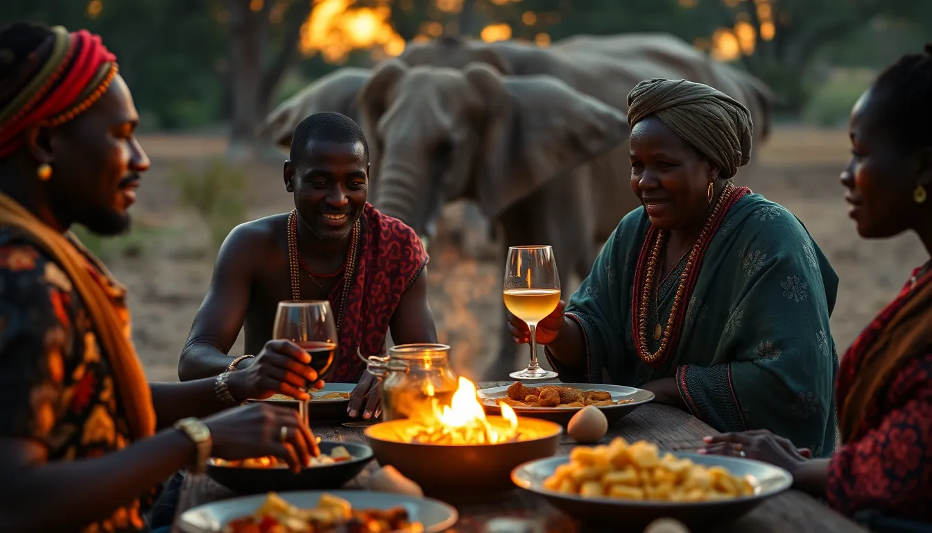 Traditional Tanzanian feast with abysta, adjika, and wine