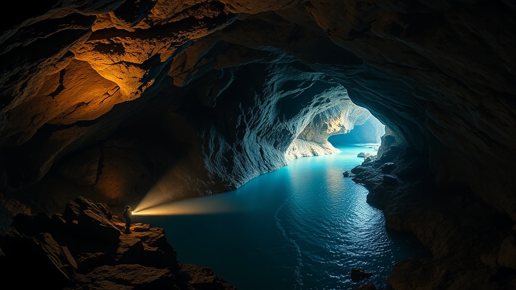 Voronya Cave - World's Deepest Cave, explorer with headlamp illuminating underground river