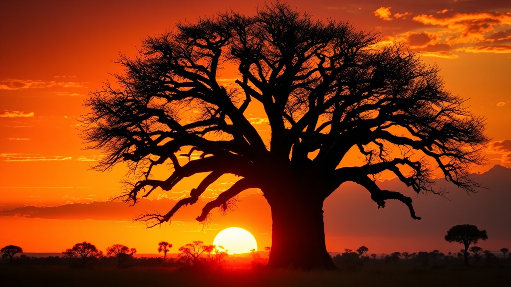 Ancient baobab tree at sunset