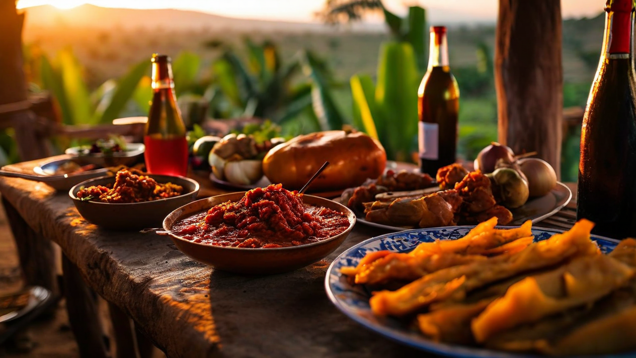 Traditional Timor-Lesten feast with abysta, adjika, and wine