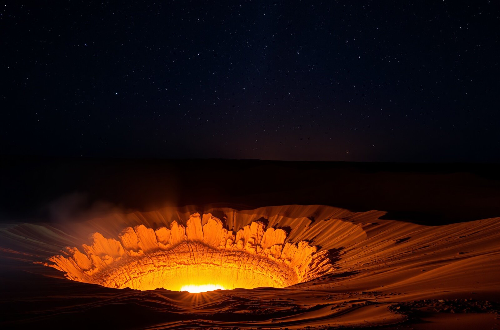 Darvaza Gas Crater burning at night